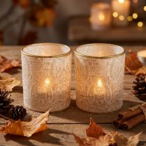 Artikel Windlicht Teelichthalter Glas Paisley-Muster Ø8cm H9cm 2er-Set Braun Weiss Gold