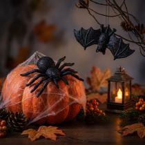 Artikel Schwarze Kunststoff-Spinne und Fledermaus Figuren 10cm, 14cm – 3er Set für Halloween