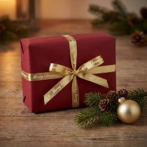 Artikel Weihnachtsband Polyester Geschenkband „Merry Christmas“ Weiss Gold 10mm x 20m