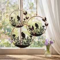 Artikel Dekohänger Metallring Ø15cm Schwarz Beige Weiss mit Vogelmotiv 2er Set
