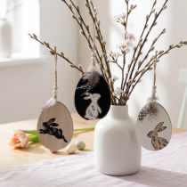 Artikel Holz-Ostereier zum Hängen im Hasen-Motiv 10 cm Weiss Schwarz Natur, 6er-Set