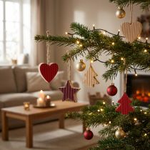 Artikel Christbaumschmuck aus Holz in Rot und Natur, Herz Stern Baum, 4,5 cm, 9-teilig
