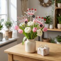 Artikel Blumenstecker Schubkarre aus Holz mit Herz-Blüten, 9×6,5cm, Farbig, 12 Stück