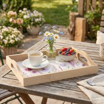 Artikel Holztablett rechteckig 35 cm mit Blumen- und Schmetterlingsmotiv in Natur
