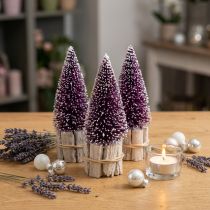 Artikel Dekorativer Tannenbaum aus Kunststoff in Lila mit Schneespitze auf Holzfuss 15 cm 3er-Set