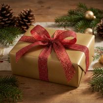 Artikel Rotes Weihnachtsband mit Goldfäden 25 mm x 20 m aus Polyester und Polyamid