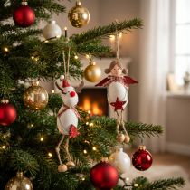 Artikel Weihnachtsfiguren Engel und Rentier zum Hängen aus Holz und Polyresin, Weiss-Rot, Ø ca. 4,7 cm, H 20/18 cm, 2-teiliges Set