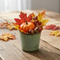 Artikel Metall-Übertopf mit Blattmotiv Grün Ø10cm H10cm für Herbstdeko