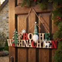 Artikel Holz-Schriftzug "Frohe Weihnachten" mit Wichtel, Tannenbaum und Hirsch, 45 x 0,5 x 22 cm, Natur, Grün, Rot, Gold