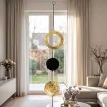 Artikel Hängedekoration aus Metall, 80 cm, Schwarz-Gold, mit Kreisen und Scheiben für Fensterdeko