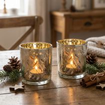 Artikel Windlicht aus Glas mit Vogel- und Schneeflockenmotiv in Gold 8 cm, 2er-Set