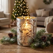 Artikel Windlicht Glas 12cm Winterwald Zweigdesign Gold innen
