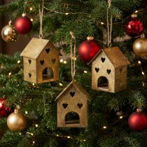 Artikel Weihnachtsanhänger Metallhäuser mit Herzmotiv Gold 9,5cm 3 Stück