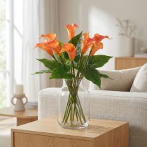 Artikel Calla Lilien künstlich 44 cm Orange Apricot mit grünen Blättern für Wohn- und Tischdekoration