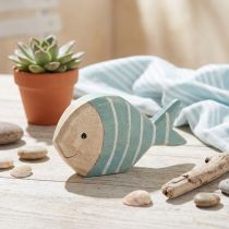 Artikel Holzfisch Dekoration zum Stellen aus Holz in Hellblau und Naturfarben 18×10 cm