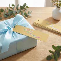 Artikel Geschenkanhänger aus Papier mit Schriftzug „Herzliche Glückwünsche“ 20x4,5cm, 12 Stück, gelb-weiss