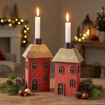 Artikel Kerzenhalter aus Holz in Hausform Rot 14,5 cm 2er-Set für Stabkerzen