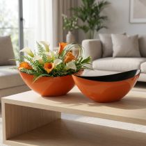 Artikel Dekoschale aus Metall in Schiffchenform – Länge 39 cm – Orange mit schwarzer Innenfläche – Für Dekoration und Bepflanzung