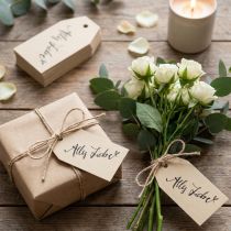 Artikel Geschenkanhänger aus Papier "Alles Liebe" 4×7cm Beige-Schwarz Set 24 Stk