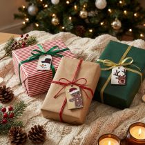 Artikel Geschenkanhänger aus Holz, 6 cm, Weihnachtsmotive, 6er-Set, mit Jutekordel