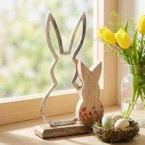 Artikel Hasenmutter-Dekoration aus Metall und Holz, 26,5 cm, Silber und Natur, mit Kind und Blumendetails