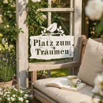 Artikel Metall-Hängedeko Schriftzug "Platz zum Träumen" mit Vogelmotiv, 38 cm, Weiss-Silber
