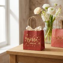 Artikel Geschenktüten aus Papier mit Henkeln, 12×12 cm, rot-gold mit Schriftzug „Beste Wünsche“, 8 Stück