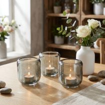 Artikel Teelichthalter Glas Grau 8 cm mit Rillen-Dekor 6 Stück