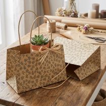 Artikel Geschenktüte Papier Naturbraun 20 x 10 x 10 cm mit Blätter-Motiv, 6 Stück