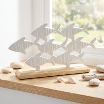 Artikel Fischschwarm Dekoration aus Metall Weiss auf Holzsockel 28x16 cm