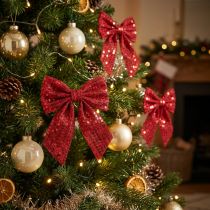 Artikel Rote Geschenkschleifen aus Samt mit Pailletten 12 cm 4er-Set für Weihnachts- und Tischdekoration
