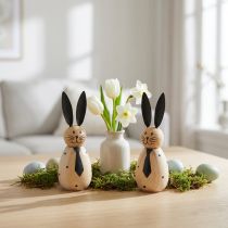 Artikel Dekorativer Holz-Hase mit Metallohren und Krawatte, 12 cm, 2er-Set, natur/schwarz