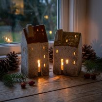 Artikel Keramik-Teelichthäuser 2er-Set mit Schornstein 13cm Handbemalt für Herbst- und Winterdekoration