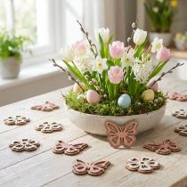 Artikel Streudeko Holzmotive Blumen und Schmetterlinge Ø 4 cm Weiss Rosa Glitter 36 Stück
