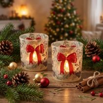 Artikel Windlichter Glas mit Weihnachtszweigen und roter Schleife 8 cm 2er-Set