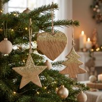 Artikel Holzanhänger Stern Herz Baum, Natur Gold, 3er-Set, 10–12,5 cm
