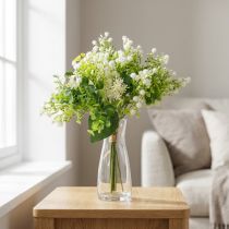 Artikel Deko-Kunstblumenstrauss Grün-Weiss L36cm, 5 Stiele, Kunststoff mit Bastband