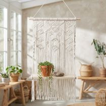 Artikel Makramee Blumenampel mit Holzbrett 40x15cm in Natur-Weiss
