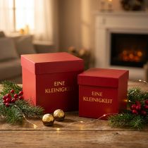 Artikel Quadratische Geschenkbox aus Karton mit Deckel, Rot und Gold, 2er-Set, 14/12 cm
