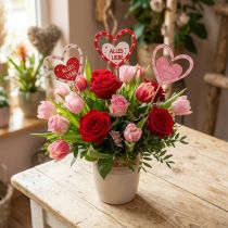 Artikel Holz-Blumenstecker Herzform "Alles Liebe", 8 × 7,5 cm, Rot/Rosa/Weiss, 12er-Set