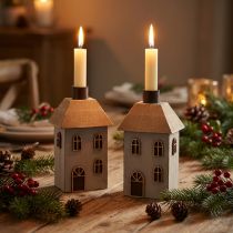 Artikel Kerzenhalter aus Holz in Hausform für Stabkerzen 14,5 cm, 2er-Set, grau-beige