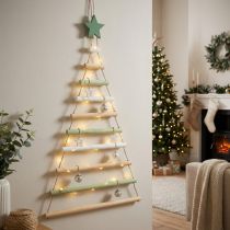 Artikel Hängedeko Weihnachtsbaum aus Holz mit Stern 59cm Natur Weiss Grün