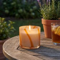 Artikel Duftkerze im Glas aus Wachs Ø8cm H8cm Creme-Orange mit Zitronenduft für Innen und Aussen