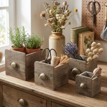 Artikel Holz-Schubladen-Set mit Griffen, Braun gewischt, 4er-Set, Grössen 18, 15, 12, 9 cm – Aufbewahrung für Innen