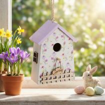 Artikel Holz-Deko-Vogelhaus H11cm, Weiss mit Fliederfarbenem Dach, Frühlingsmotiv, 3 Stück