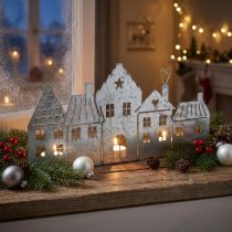 Artikel Weihnachtsdeko Teelichthalter Stadtsilhouette Metall Silber 25cm