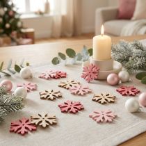 Artikel Schneeflocken aus Holz, Streudeko, Ø 4 cm, Pink, Rosa, Natur, 72 Stück