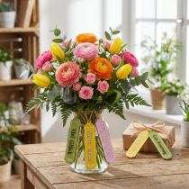 Artikel Dekohänger Geschenkanhänger Holz bunt 12,5cm 12er-Set mit Motiv und Spruch