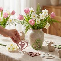 Artikel Holzherzen Deko 5,5 cm Rosa Grün Weiss 18 Stück mit Blattmotiv