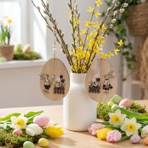 Artikel Ostereier aus Holz zum Hängen mit Hase und Gartenmotiv 13 cm Natur Weiss 6er-Set